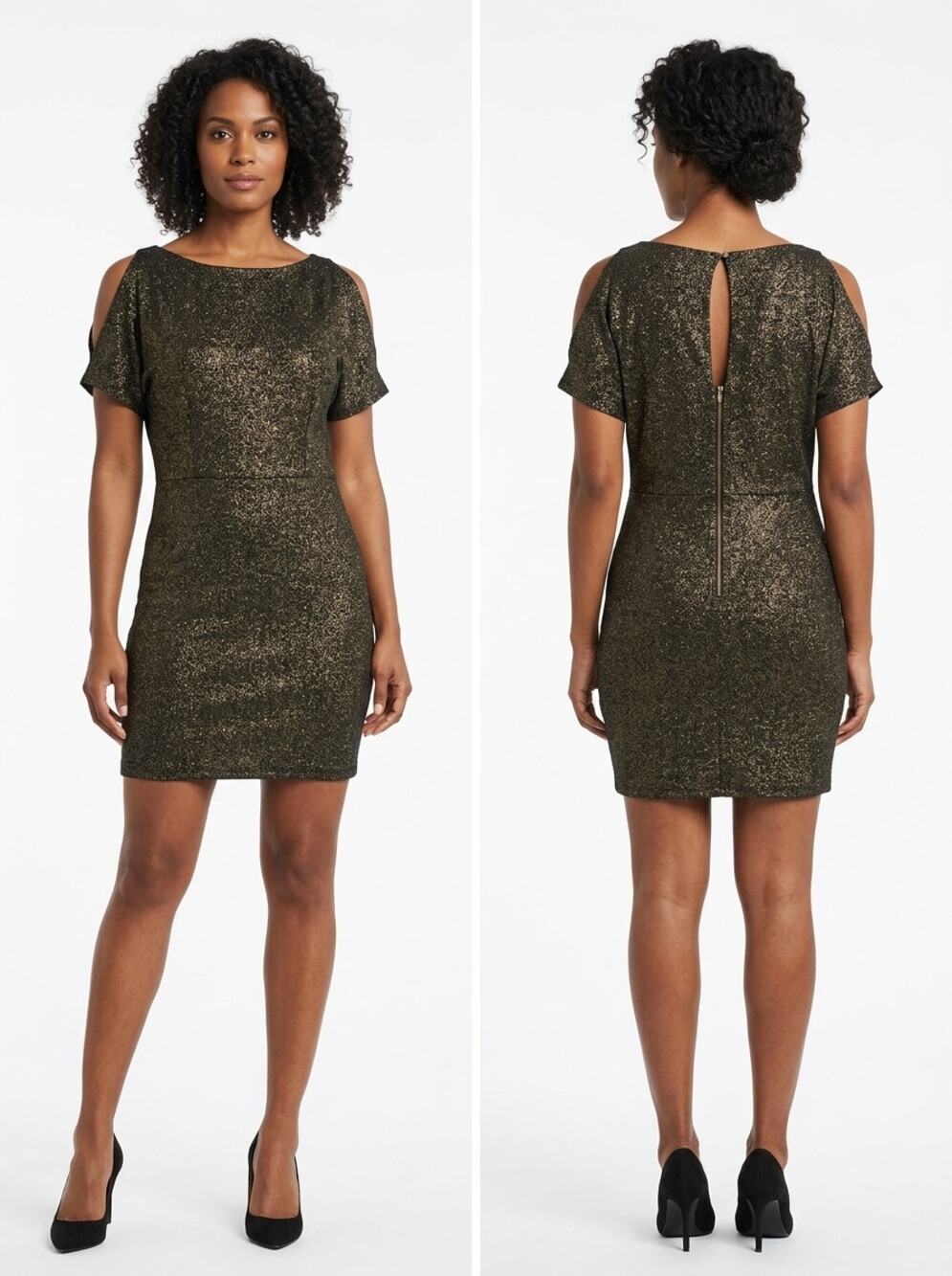 JustFlowers Paris Gold Sheath Mini Knit Stretch Dress Women Size L